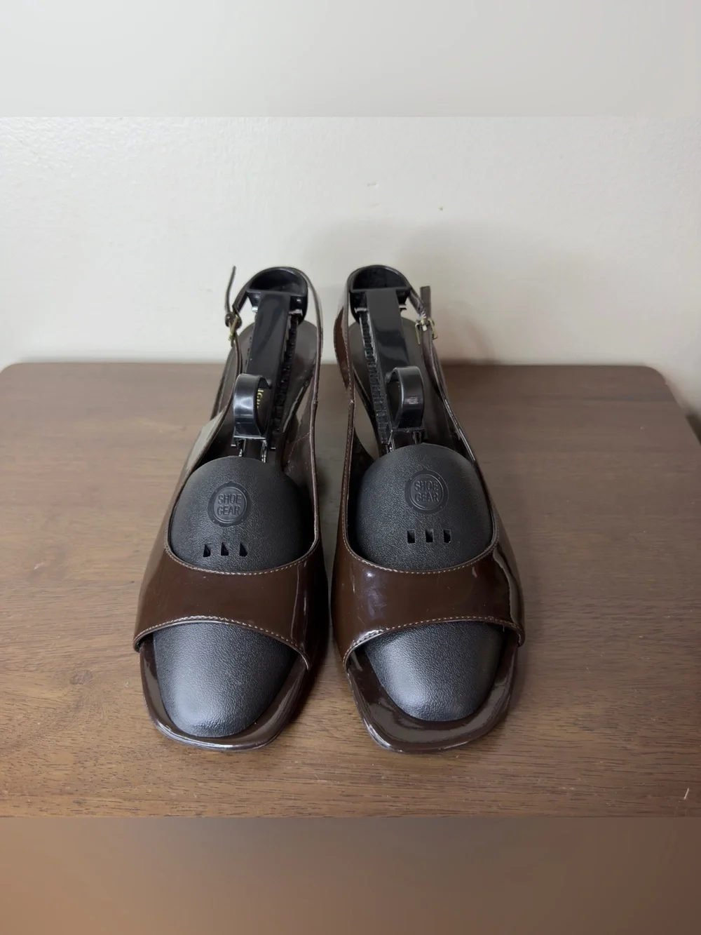 Etienne Aigner Dark Brown Patent Leather Slingback Peep Toe Wedges 9.5 Womens